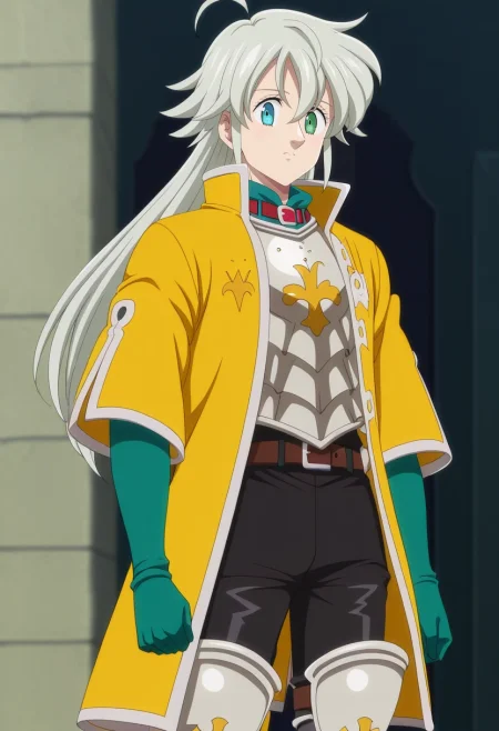 masterpiece, best quality, anime screencap, official style, anime coloring, cowboy shot, 1boy, solo, male focus, <lora:tristan_liones_ilxl:0.9>, tristan_liones, grey hair, green eyes, long hair, ahoge, yellow jacket, armor, green gloves, heterochromia, blue eyes,