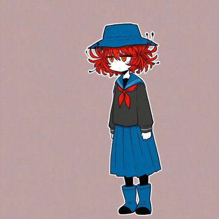 Sentaku-bune, BREAK, 1girl. solo, (medium height, pale red hair, orange eyes, short hair, wavy hair, (spider lily in hair), blue boonie hat, black tunic, sailor uniform, red neckerchief, blue skirt, tall blue wellies, black leggings), standing full body, simple background,