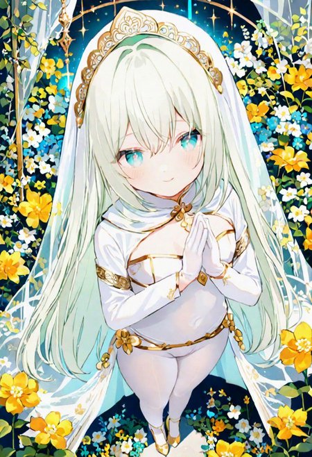 Best quality, masterpiece, fantasy flower garden, view from above, one petit priestess girl with flat chest, shining hands bound in prayer, standing upright, detailed light green long loose hair, priestess' veil, cute smooth face, gentle smile, detailed light blue eyes, detailed make up, jewelry, pure white clothes, shawl, white turtleneck leotard with long sleeves and gloves, slim waist, slim belly, thick clavicle, micro skirt, thick hips, thick thighs, white tights, heels