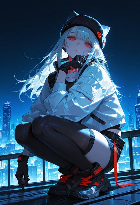 score_9,score_8,score_7_up,best quality,high detail,solo,1 girl, adult,white long hair,red eyes,eyes detail,looking at viewer,(white cyberpunk jacket,short shorts),cat ear fur hat,black gloves, black knee high stockings,BREAK,city background,night,cool colors,dim,dark,squatting on the edge of a tall building roof,tilt head
