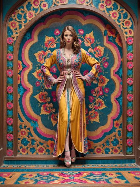 intricate professional photography, hefty Skater Rachel Nichols, <lora:CaftanXLv1:0.8> qftan, background, vivid colors, patterns, intricate designs, colorful, rich colors, <lora:Hassan_Hjjaj_Style:0.6> the, hassan, and, hjjaj, style