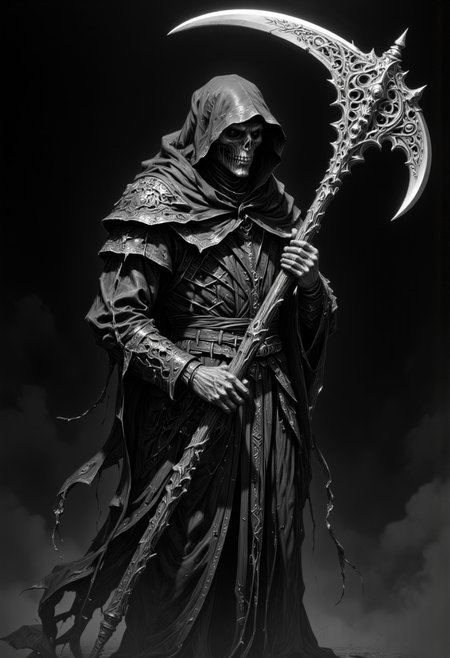 high-contrast, black-and-white digital drawing illustration of a grim Reaper figure by a known professional artist. The Reaper, cloaked in tattered, ornate robes, wields a large, highly intricately designed scythe with an elaborate, skeletal handle and intricately complex carvings. The figure´s face is shrouded in shadow, with only the hood visible, creating a mysterious, ominous atmosphere. The background is dark with an eerie fog, emphasizing the dark, gothic elements of the Reaper. The lighting is soft and diffused, highlighting the textures of the fabric and the incredibly detailed carvings on the scythe. The camera angle is straight-on, capturing the full figure in profile as it holds the scythe´s blade above his head.