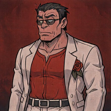 masterpiece, best quality, newest, absurdres, highres, anime, anime style, TSLV1.0, skeptical expression, judgmental look, side-eye, half-closed eyes, tight-lipped, furrowed brow, frown, looking sideways, 1boy, helltaker (helltaker), black hair, short hair, muscular, muscular male, sunglasses, glasses,  white jacket, white pants, black belt, red shirt, formal clothes, flower in clothes, open jacket