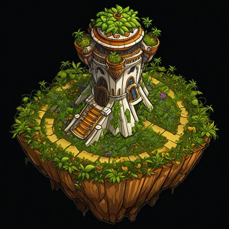 matchcraft floating island, game asset, 2d, digital painting, outline style, comic book style, fine lines, best quality, image posterization, simple details, clear white background, fantasy floating island, usual biome, plants, tower on island, abandoned