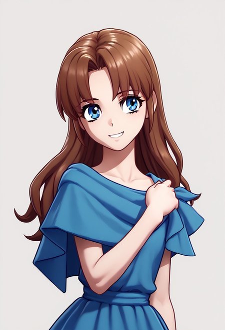 score_9, score_8_up, score_7_up, source_anime BREAK 1girl, solo, <lora:zs_EngagePortraitsXL:1> engageportraits, portrait, white background 
, smile,<lora:lilia_Pony_v1:0.6> brown hair, long hair, blue eyes, blue dress