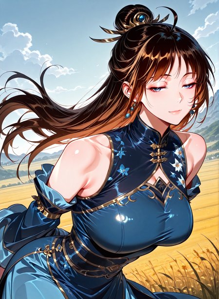 <lora:Xiao_Ruoyin__I_am_the_Fated_Villain__Illustrious:1>
1 girl, solo, blue eyes, long hair, brown hair, black hair, hair bun, ahoge, big breasts
chinese clothes, blue dress, detached sleeves, jewelry, earrings, hair ornament, bare shoulders
score_9, score_8_up, score_7_up, very aesthetic, source_anime, detailed, high quality, beautiful, masterpiece, detailed eyes, field, blurry background, pose dynamic angle, upper body, cowboy shot, light smile, floating hair, half-closed eyes, hands behind back, leaning forward, looking forward, looking at viewer, <lora:iLLMythG0thicL1nes:1>