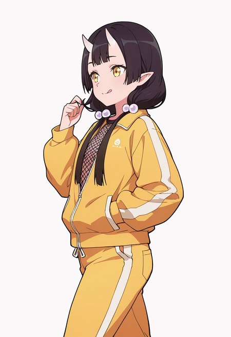 Smooth Quality,masterpiece,very intricate, high quality details, ultra realistic, high detailed skin,detailed enviorement,absurdres,
twirling hair,solo,
 <lora:Care_Resumisu_CNR:0.8> care_cnr, 1girl,black hair, pointy ears, long hair, yellow eyes, oni, low twintails, skin-covered horns, bobbles,, simple background, white background, from side,
walking, one hand in pocket, looking aside, casual, confident,  ,, mesh shirt,  ,windbreaker,  ,track pants, ,, :q,