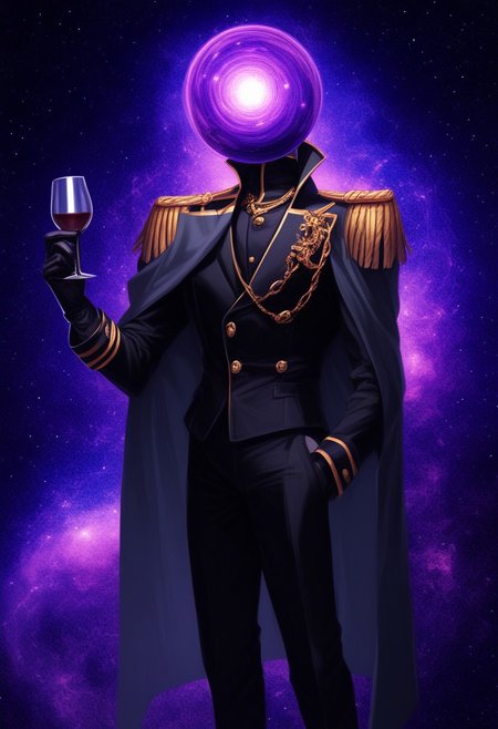 h3ad,object_head,headless,faceless,purple cosmic spiral,
BREAK score_9, score_8_up, score_7_up, male_focus, bishounen, <lora:Uglystyle11a:-1>,
BREAK Detailed clothings, gold embroideries and flower patterns on clothings, 
BREAK Looking at the side, holding a glass of wine,
BREAK Black formal military-inspired suit with high collar and fitted long-sleeve jacket, gold buttons, gold epaulettes, cape with purple cosmic interior decors, wearing black leather gloves, matching black and gold trousers with stripes,
BREAK 0ut3rsp4c3, blue and pink gradient behind cape, detailed background,