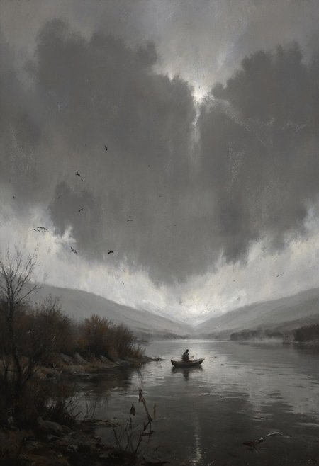 An expansive, monochrome vista of a misty river where the human figure is a minute presence. The solitary fisherman, barely discernible, is a tiny silhouette in his small boat, positioned in the lower third of the frame. The vast river dominates the scene, its surface fading into an impenetrable grey mist that swallows the distant banks. A few dark, almost imperceptible birds punctuate the immense, empty sky above the mist, emphasizing the scale of the landscape. The light is uniformly soft and diffused, intensifying the feeling of isolation and quiet desolation. The atmosphere is profoundly lonely, silent, and vast, highlighting the insignificance of the individual against the immensity of nature. The textures are smooth and indistinct due to the heavy mist, creating a sense of ethereal remoteness. The composition deliberately uses a large amount of negative space, primarily the misty river and sky, to amplify the fisherman's solitude. There are minimal details – perhaps a suggestion of reeds in the extreme foreground – ensuring the focus remains on the overwhelming emptiness and the lone figure within it. The overall impression is one of profound solitude and the stark beauty of a desolate winter scene. This artwork should evoke a feeling of quiet contemplation and the sublime power of nature over humanity.