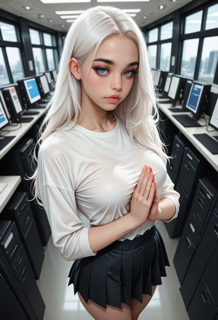 8K, depth of field, focused subject, dynamic angle, sexy pose, best quality, detailed eyes, perfect eyes, realistic eyes, white hair, long hair, blue eyes, thick eyebrows, black eyebrows, mascara, makeup, pink lips, full lips, fit body, small ass, medium breast, realistic breast, BREAK, 
pleated skirt, blush, front view, praying, (standing:1.3), 
movie perspective, white shirt, long shirt, office interior, black skirt, hands back, looking at viewer, looking down, dynamic angle, artist:moriimee
 <lora:MoriiMee_Gothic_Niji_Style_Illustrious_r1:0.6>,
 <lora:PowerPuffMixLora:0.5>,