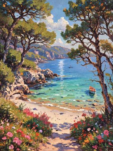 masterful impressionism oil painting, dappled lighting, chiaroscuro, dark corners, a picturesque view of plage de saleccia on corsica, framed by tall, graceful pine trees on either side of the composition, their trunks reaching upward, their vibrant green treetops arching over the top of the painting to create a natural canopy, in the middle of the image, the pristine sandy beach curves gently toward the crystal-clear turquoise waters of the mediterranean, the soft white sand glows under the afternoon sunlight, with patches of shadow cast by the pine trees. the beach and sky are nestled within the frame of the trees, drawing the viewerâs eye toward the central scene, above the beach, the sky features soft, billowing clouds illuminated by the golden afternoon light, their edges glowing with warm highlights, contrasting with the deep blue expanse of the sky. the interplay of light and shadow is vivid and dynamic, the sunlight filters through the pine canopy, creating dappled light patterns on the sand, the tranquil waters of the mediterranean shimmer with subtle gradients of blue and green, reflecting the vibrant sky and clouds above. in the foreground, the pine trunks and their textured bark add an earthy, tactile element, while the treetops provide a lush, natural frame, in the distance, rugged, sunlit hills rise behind the beach, adding depth and context to the scene, the gentle waves lap against the shore, leaving intricate patterns in the wet sand, a small boat drifts near the shore, adding a sense of serenity. the scene evokes a tranquil summer afternoon, with the framing pines creating an intimate yet expansive perspective, their lush foliage blending harmoniously with the vibrant beach and sky, the golden-hour lighting enhances the warmth and charm of the composition. oil on canvas, classic impressionist style, warm and cool tones expertly balanced to emphasize light, texture, and atmosphere, the fluid, expressive brushstrokes capture the natural elements, the composition places the viewer beneath the canopy of the trees, looking outward at the idyllic beach and sea, the interplay of sunlit patches and cool shadows enhances the serene, idyllic mood, picturesque wildflowers on either side add some color to the foreground, impressioniststrokes, 
<lora:style-impressionist_strokes-flux-by_daalis:1.0> 
<lora:image_upgrade-flux-by_zeronwo7829:1.0>
