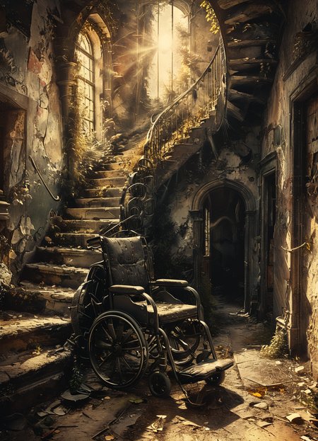 ruined staircase,(wheelchair in the foreground:1.4),sunlight,style of Matthias Haker,<lora:tbh168-sdxl:0.7>,<lora:The_Dark_Side_Of_The_Future:0.7>,