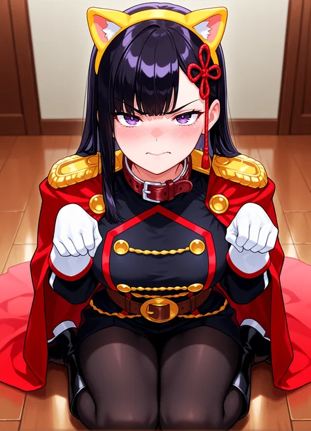 1girl,<lora:renyama_v2_sn75:1>, rrenyama, hair ornament, black military uniform, white gloves,  brown belt, epaulettes, red cape, pantyhose, boots, 
paw pose, scowling, embarrassed, red collar on neck, doggy ear headband, closed mouth,
indoor background, on the floor, wooden floor,
high resolution, ultra-detailed, absurdres, masterpiece, best quality, good quality, newest,