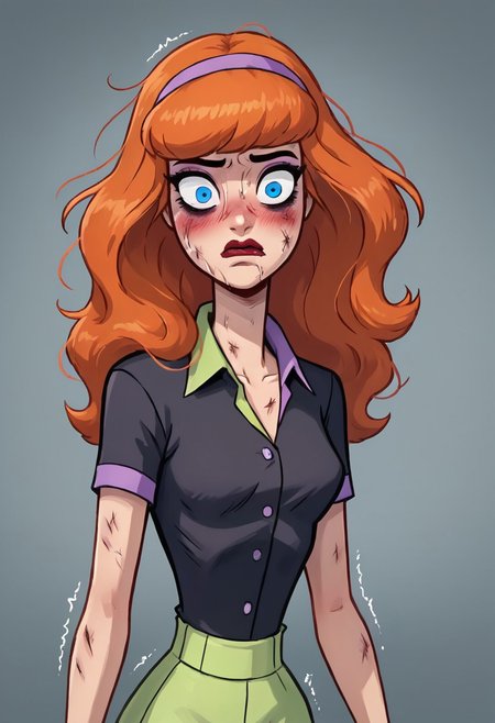 score_9, score_8_up, score_8, 1girl , Daphne, Daphne Blake,1girl, solo, petite, petit, extra small breasts, 40 year old, shaggy mullet, blue eyes, orange hair,  B3th3rz, PartierBetherz, black shirt, button up blouse, extra tight open collar, extra tight shirt, extra tight pants, ragged clothes. crumpled hair, bad hair,dirty clothes, wrinkled clothes,one eye higher than another, twisted mouth, messed hair, messy hair, in love, extremely in love, blush, arousal, seductive, seductive face, shaking, destroyed face, destroyed body, awful skin face,  long hair, makeup, lipstick, young, skinny, narrow waist, fragile, sexy, perfect body,detective betheerz dress, dynamic pose, posing,  wounds, hit herself,  selfharm, self harm, wounds on face, wounds on body, extreme amount of wounds, wounds everywhere, tired, tired af, extremely tired, tired eyes, huge amount of tireness, absolutely tired, bags under eyes, shiners, stupid, dumb, extremely stupid, extremely dumb, no brain, brain damage, stupid blonde, extremely stupid blonde,  blue eyes, eye twitching, nervous eye twitching, extremely hard eye twitching, totally burnt hair, sexy, horny