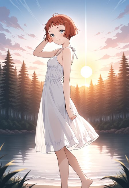 <lora:LastExileLaviIL:1.2>, laviehead, 
solo, looking at viewer, forest, smile, closed mouth, sundress, small breasts, floating dress, barefoot, standing, side view, looking at viewer, hand on hair, smile, blush, sun, clouds,
masterpiece,best quality,amazing quality,