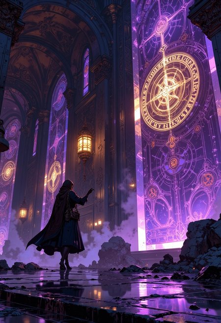 (Mystical surrealism, dreamlike intricacy, flowing motion, soft glowing elements) — A lone wanderer draped in a translucent, shifting cloak walks through an endless expanse of floating glass-like monoliths, each etched with incomprehensible runes pulsing softly in gold and deep violet. Their footsteps leave ripples in the air, as if reality itself were water. Their hand reaches out, fingertips grazing the surface of one monument, causing its carvings to rearrange and flicker like fireflies trapped in stone. The background is an infinite mist of ghostly reflections and spiraling symbols, distorted by a shifting light source that never reveals itself, casting endless, overlapping shadows. The air is thick with the sense of something unseen watching, guiding, or waiting, an image both serene and unsettling in its stillness.