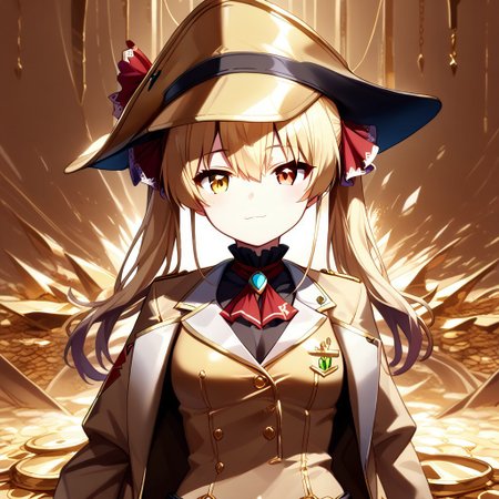 score_9, score_8_up, score_7_up, super aesthetic, rating:safe, rating:general, DeaverStyle, 1girl, solo, aua, red eyes, yellow eyes, heterochromia,  gold clothing, gold hat, fully-clothed, gloves, big coat, illustration, gold, cute, shiny skin, vivid colors, treasure room, gold treasure,
