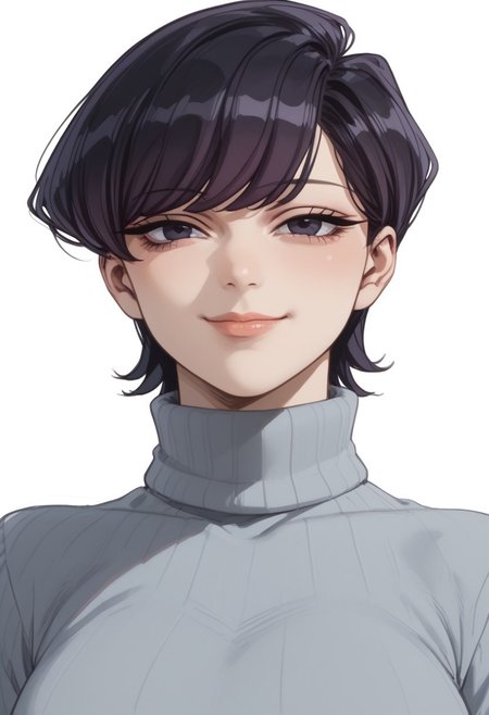 score_9, score_8_up, score_8, score_7_up, score_7, ((close up)), face focus, Expressiveh
BREAK
1girl, solo, shuuko komi, short hair, black hair, black eyes, half-closed eyes, large breasts, looking at viewer, head tilt, seductive look, aroused, horny, standing, pale blue turtleneck sweater, light smile
BREAK
white background