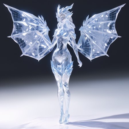 1girl, solo,small breast, simple background, balck background, glassg1rl, glass girl, clear clothes, glass clothes, standing, 
full body,  front view , long  hair, clear hair, glass hair ,, glass face, face, transparent ,night , dragon wings, 
crystal dragon girl, ice crystal, dragon girl , dragon scales<lora:futtora-01:1><lora:glass-girl-01:1>