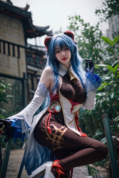 panini projection,one sexy girl, super model,large breasts, hanging breasts, thin waist,(skinny:1.1),
ganyu cosplay costume, cosplay, blue hair, long hair, horns, bangs, ahoge, sidelocks, tight, black bodysuit, body stocking, detached sleeves, gloves, neck bell, chinese knot, tassel, white high heels,
outdoors,Abandoned building,overgrown, 
depth of field, nature light,sunlight,(cinematic lighting), glow lighting,
ethereal, dreamlike quality, epiCPhoto,
<lora:pytorch_lora_weights:0.5>,
<lora:breastsizeslideroffset:0.2>,
<lora:nagachichiD:0.6>,
<lora:picxer_real:0.7>,
<lora:more_details:0.6>,
 <lora:genshin_Ganyu_cosplay_v1:0.75>