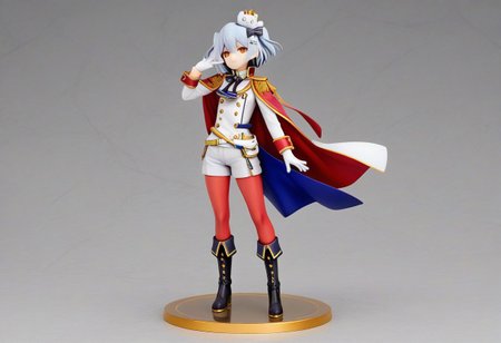 tamakiRoyal, 1boy, dghd, dog hair ornament,  hair ornament, blue hair, grey hair, orange eyes, short hair, crown, white gloves, neck ribbon, black ribbon, sleeve cuffs, uniform, red leggings, white jacket, long sleeves, cape, red cape, knee boots, black footwear, fold-over boots, epaulettes, aiguillette, armband, white shorts, white belt,