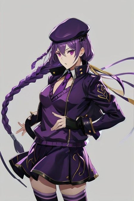 eltnumdef, beret, hair ribbon, cropped jacket, purple jacket, purple sweater, v-neck, necktie, skirt, fingerless gloves, white thighhighs