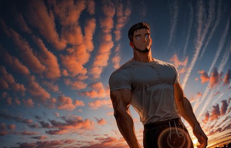 <lora:Altocumulus-10:1> muscular man, Altocumulus Clouds, gradient sky, sunset, outdoors, sky, scenery, muscular man, bokeh, backlight, lens flare, depth of field,  
(very short hair, beard, bara, mature, facial hair, stubble, beard, full beard, sideburn, beard, a lot of beard, ), facial hair,male focus, muscular male, muscular male, bara, mature,  bara, mature, dutch angle,
aixiwuganda_(20222192), very awa, masterpiece, best quality, absurdres, newest, perfect quality, detailed background, intricate details,
<lora:slider_Body Type_alpha1.0_rank4_noxattn_last:2><lora:style_Anime Summer Days 2 Style SDXL_LoRA_Pony Diffusion V6 XL:.6><lora:slider_cfg_scale_boost:.7><lora:face_Artist6p-10:.55>, Artist6p, Artist04p,<lora:slider_il_brightness_slider_d1:-1><lora:slider_il_contrast_slider_d1:-1><lora:slider_DarkSlider1.2_alpha1.0_rank16_full_300steps:-.6>