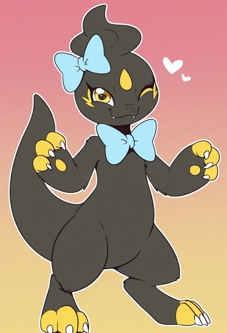FuF, pokemon_(creature), outline, solo, heart, standing, furry, fang_out, one_eye_closed, bow, closed_mouth, claws, white_outline, fang, looking_at_viewer, yellow_eyes, full_body, no_humans, fangs_out, gradient_background, gradient, smile, blue_bow, bowtie