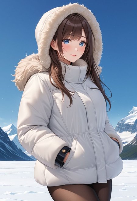 ((((white Oversized shearling down jacket)))), ((((white Oversized shearling puffer jacket)))), ((((white Oversized shearling winter clothes)))), ((((very very cold, in cold)))), ((((semi-realistic)))), ((((puffer hood)))), ((medium knee office skirt, pantyhose)), ((((cowboy shot)))), ((sharp eyelid, eyeliner, eyelashes, beautiful detailed eyes, tsurime, long messy brown hair, blue eyes, perfect anatomy)), smile, walking, icefield, dynamic pose, ((((masterpiece)))), ((((best quality)))), ((intricate details)), RAW, 8K UHD, (1girl), office lady, detailed face, beautiful face, charming, bonny, (((blush))), (((heavy breathing))), (((feels orgasm))), wind, (Thick padded collar:1.4), (TSH:1.4), (Thick padded cuffs:1.4)