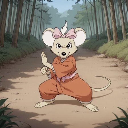 masterpiece, best quality, amazing quality, (highly detailed, extreme detail, detailed), Marciabbil, semi-anthro, female, Marsupial Mouse, tan fur, black eyes, red-orange kimono, fighting stance, woods, pink bow, hair bow