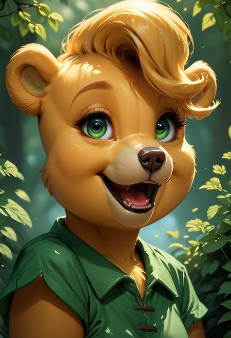 score_9, score_8_up, score_7_up, rating_questionable, source_cartoon, solo, sunni gummi, anthro, anthro bear, blonde hair, green eyes, green tunic, portrait, upper body, outside, detailed background, woodland, looking at viewer, smile, female focus, open mouth, chubby, gl1tt3rsk1n, pureerosface_v1