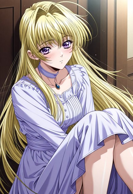 masterpiece, best quality, newest, highres, uncensored, 1girl, yokota mamoru style,1girl, slender face，motion lines,blush
Cecilia Game,Ahoge Hair, Blonde Hair, Waist Length Hair,Long Hair,Violet Eyes,Large Eyes,Choker,Slim
1 girl,solo,long hair,knees up,necklace,jewelry,standing,looking at viewer,front lens,20 years old <lora:add_detail:0.8>, <lora:Romantic Rosette dress2:0.75> Romantic Rosette dress2,