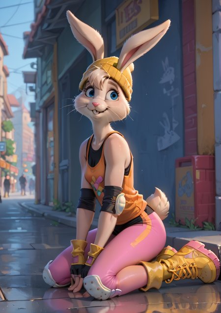 1girl, solo,
score_6, score_7, score_8, score_9, masterpiece, best quality, highly detailed,
 <lora:Gert_-_Stay_Alert_Stay_Safe:1>, anthro bunny, blue eyes, whiskers, bangs, protective pads, orange tanktop, pink leggings, black undershirt, yellow beanie, yellow boots,