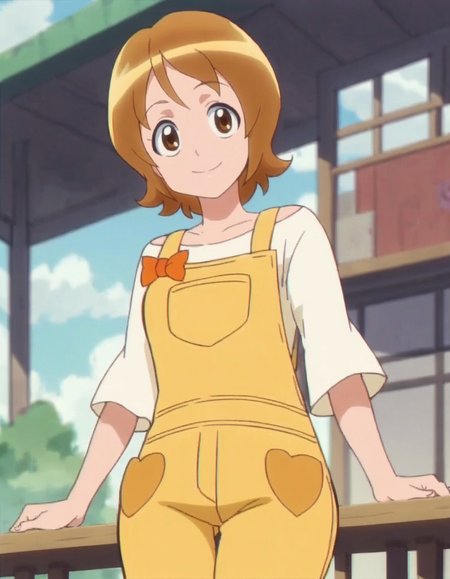 score_9, score_8_up, score_7_up, anime screencap, solo,1girl,omoriyuko, 1girl, solo, overalls, smile, looking at viewer,  standing, shirt, bow,large breasts,wide hip,cowboy shot, <lora:omoriyuko:0.8>