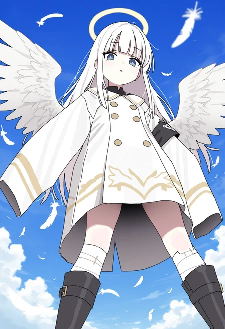 masterpiece,best quality,amazing quality,
1girl, wings, solo, white hair, halo, from below, angel, feathered wings, long hair, blue eyes, looking at viewer, sleeves past wrists, feathers, sky, long sleeves, angel wings, white wings, outdoors, blue sky, cloud, armband, looking down, sleeves past fingers, boots, day, parted lips, bandages,
<lo<lora:Imamura_Ryou:1>