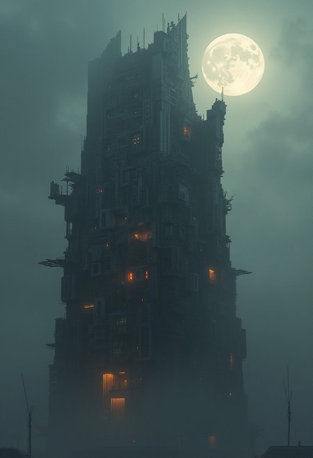 A futuristic, cyberpunk-style monumental multi-tiered building towering in the misty, darkened sky, with intricate angular designs. The structure is primarily in muted greys, blacks, and whites, with orange accents highlighting key architectural features. A full moon casts long shadows, creating an eerie, otherworldly ambiance