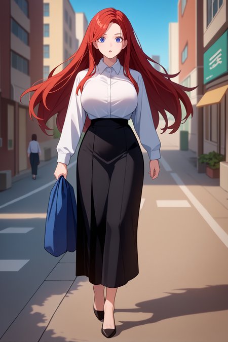 score_9, score_8_up, score_7_up, score_6_up, source_anime, 1girl, solo  <lora:renanakano-pdxl-nvwls-v1-000004:1> 5hrn, red hair, long hair, blue eyes, white shirt, collared shirt, long sleeves, black skirt, large breasts, full body, high heels, long skirt, looking at you, walking, blue sky, city, surprised