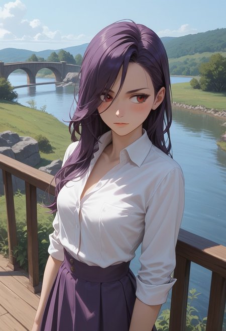 score_9, score_8_up, score_7_up, 26 years old,, zPDXL3, 1girl, solo, small breasts, purple hair, (upper body, face focus, close-up:1.1),  leaning, leaning onto railing, 
red eyes, long hair, nude, dutch angle, standing,
white blouse, purple skirt, wooden bridge, river, rolled up sleeves, blush, looking away,