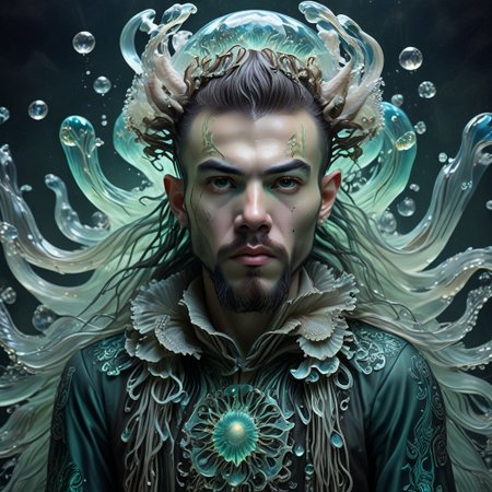 long mid shot portrait photography of an ethereal young man warrior, (glowing runes: 1.1), fairytale aesthetic. light green sheme, Photorealistic, intricate details, realism, sfw, ultrasharp, photography, floating, water, under water, jellyfish, haute couture, tentacles, bioluminescence