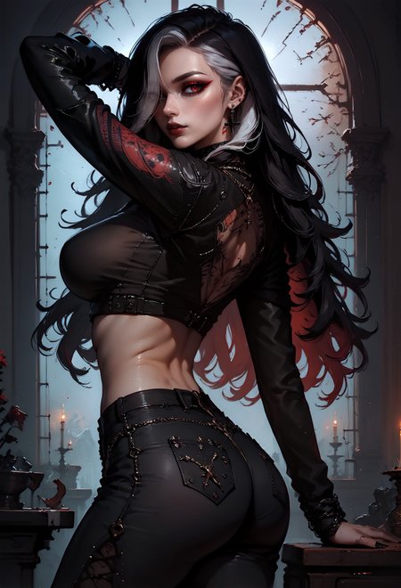 score_9, score_8_up, score_7_up,  1girl, goth girl, back view, round butt, solo, long hair, large breasts, looking at viewer, black hair, multicolored hair, white hair, long sleeves, navel, jewelry, earrings, midriff, pants, necklace, hair over one eye, black eyes, arm up, crop top, grey eyes, tattoo, makeup, black pants, cross, arm behind head, gothic, black leather, leather jacket, red eyes, leather boots, on leg up, red light  <lora:pony/concept_art_darkside:0.8> concept art, realistic <lora:pony/expressiveh:0.8> expressiveh <lora:pony/goth_girl_xl_v2:0.8>