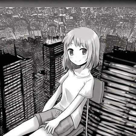 1girl, shirt, shorts, city background, smile