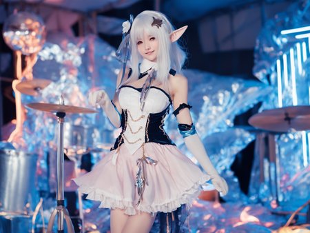 lili, 1girl, solo, long hair, looking at viewer, smile, skirt, hair ornament, thighhighs, gloves, dress, bare shoulders, brown eyes, standing, white hair, boots, pointy ears, elbow gloves, detached collar, white footwear, elf, instrument, drum, <lora:lili-000008:1>