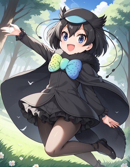 score_9, score_8_up, score_7_up, score_6_up, score_5_up, score_4_up, source_anime, rating_explicit, BREAK, <lora:SBoPWPXL_LoRA-C3Lier_AdamW_Dim16_Alpha16_UN-3e-4_TE-1.5e-4_8batch_ponyDiffusionV6XL_v6StartWithThisOne:1>, western parotia (kemono friends), 1girl, head wings, cabbie hat, antennae, black hair, short hair, blue eyes, bird tail, multicolored bow, glowing bow, black cloak, bowtie, fur collar, black fur, puffy shorts, frilled shorts, black pantyhose, floating, dancing, open mouth, happy, forest, flower, grass, spring, tree shade, dutch angle, sunlight, lens flare, blue sky, cloud