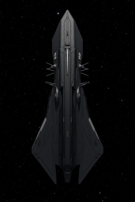 <lora:SpaceCraft_v.5:0.8> SPCCRFT style.
A tactical interceptor cruiser with a dagger-shaped silhouette rendered in matte obsidian black, its faceted armor plating accentuated by sharp contour ridges and clean-cut stealth seams; luminous white insignia and thin signal stripes trace across the elongated hull, broken only by recessed missile ports and sensor blisters; the vessel's sleek geometry is captured from a low rear three-quarter view, highlighting its dual ventral fins and angular symmetry under a dense, star-filled galactic backdrop.