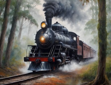 fine art painting, train track, 1800s steam train moving fast, smoke from steam, swamp, wet land, oak trees, spanish moss, natural, lots of bushes and plants, water, foggy, moist, wet, detailed, HD, 4k, masterpiece,   <lora:add_detail:0.8> <lora:epi_noiseoffset2:0.8> <lora:improve_backgrounds:0.8> <lora:improve_backgrounds:0.85>, ultra detailed, high detailed, majestic, amazing quality,