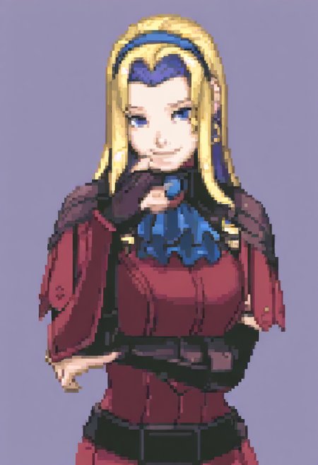 masterpiece, best quality, solo, looking at viewer, 1girl, smile, <lora:Ace-Attorney-Portraits-illus_Fp:1>, portrait, upper body, pixel art, simple background, <lora:feconstance-illu-nvwls-v1:1>, warCon, multicolored hair, blonde hair, blue hair, long hair, blue eyes, blue hairband, earrings, blue ascot, red dress, short dress, armored dress, belt, gauntlets,