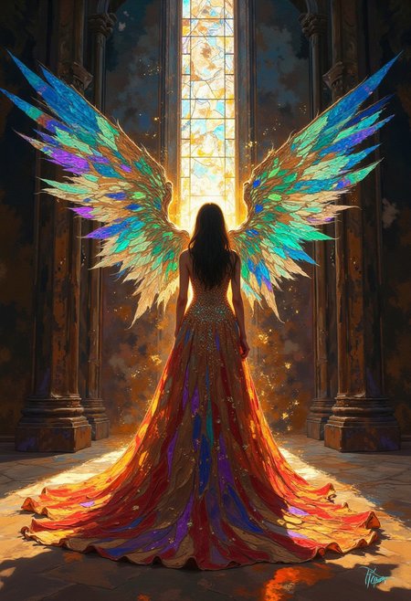 DB4RZ,<lora:FLUX-daubrez-DB4RZ-v2:1>,A lone woman stands in a hallowed cathedral, her presence imbued with an ethereal radiance. She is adorned in a resplendent gown, its fabric scintillating like a constellation of celestial bodies. The dress cascades around her, its form a symphony of celestial huesasapphire, emerald, ruby, and topazamimicking the grandeur of a stained-glass window. Most strikingly, her form is wreathed in majestic wings, each plume a riot of spectral colors, resembling shards of fractured rainbows, catching and refracting the incandescent glow emanating from the apse. The scene is to be rendered with painterly precision, emphasizing the interplay of light and shadow, capturing the numinous aura of the subject. The background, a shadowy expanse punctuated by the stained-glass window, should serve as a foil to the figure's luminescence. A low camera angle, focusing on the figure's ethereal beauty, will enhance the sense of awe and reverence.