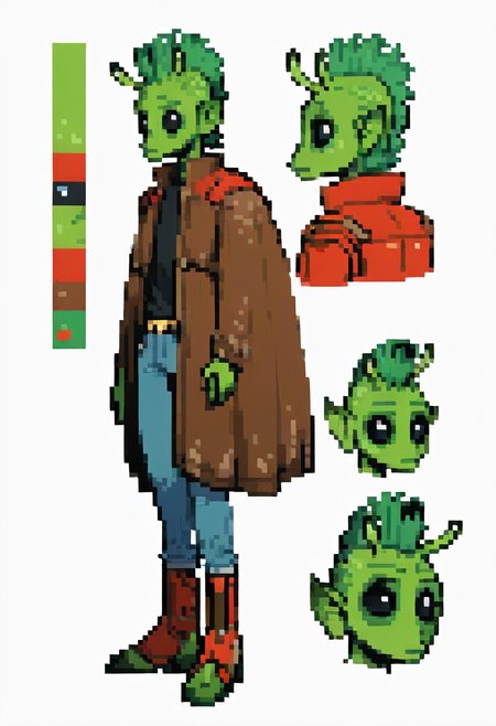 score_7_up, score_8_up, score_9, masterpiece, (1boy, solo,)perfect face, perfect hands, high quality, source_anime, rodian, colored skin, alien,tealskin,antennae, black eyes, green mohawk, black shirt,jeans, brown cowboy boots,red leather jacket, standing,CharacterDesignXL,reference sheet, (full body, from side, front:1.1), upper body, cartoon,multiple views of the same character,model sheet,chatacter sheet