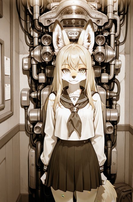 (anthro fox girl:1.5),blonde,long hair,SmoothQualityPony 
tatsuyuki,serafuku, looking at viewer, machine,monochrome, 
 <lora:Perfect Hands:1>  <lora:Tatsuyuki:0.8> 
<lora:age_slider_v4:-2.5>, score_9, score_8_up, score_7_up, score_6_up, score_5_up, score_4_up,zPDXL