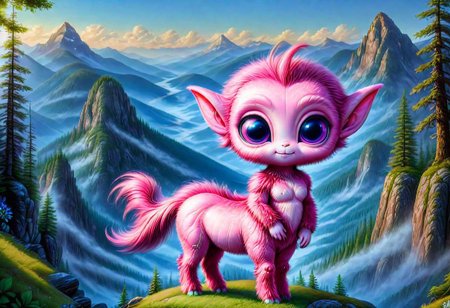 ILUal13n, a fictional fluffy cute little pink alien centaur, in a mountainous fantasy landscape, high depth of detail